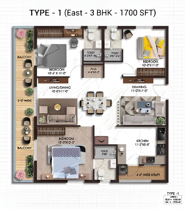 Type 1 East 3 BHK 1700 SFT