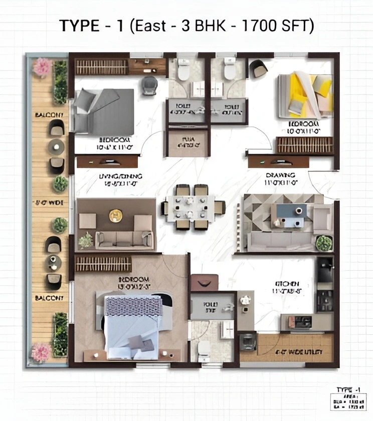 Type 1 East 3 BHK 1700 SFT