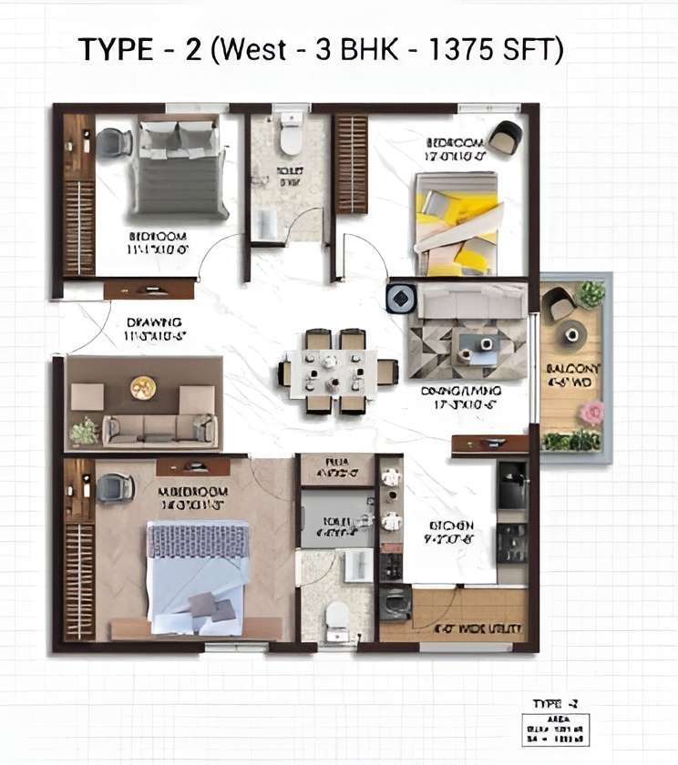 Type 2 West 3 BHK 1375 SFT
