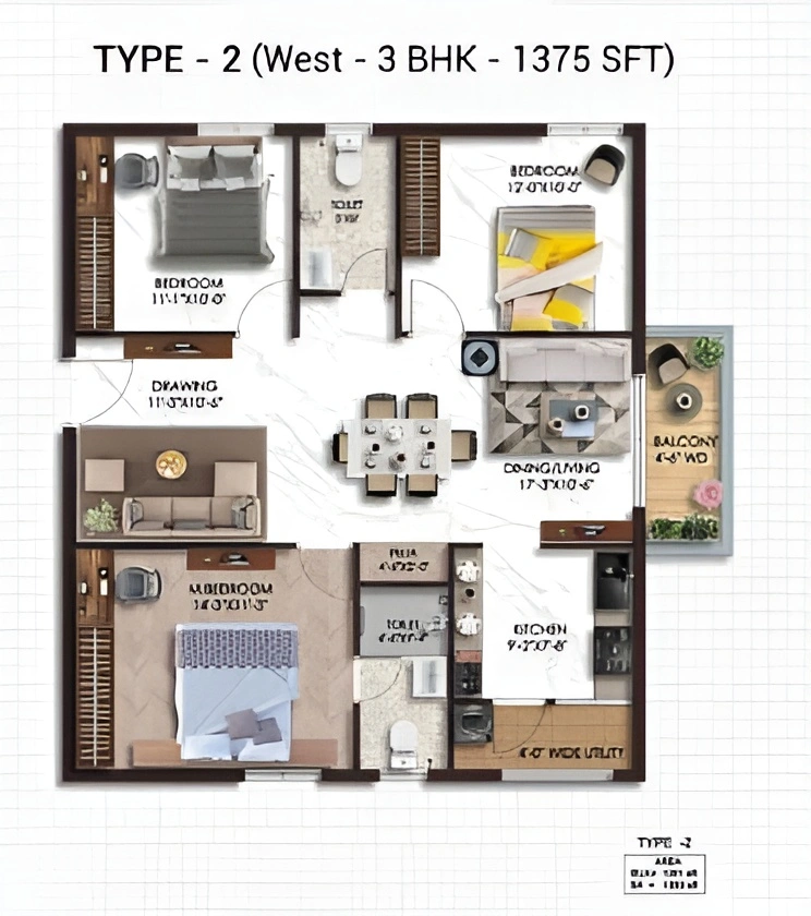 Type 2 West 3 BHK 1375 SFT