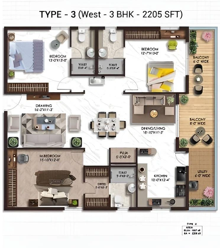 Type 3 West 3 BHK 2205 SFT