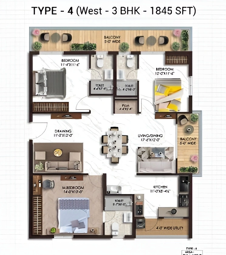 Type 4 West 3 BHK 1845 SFT