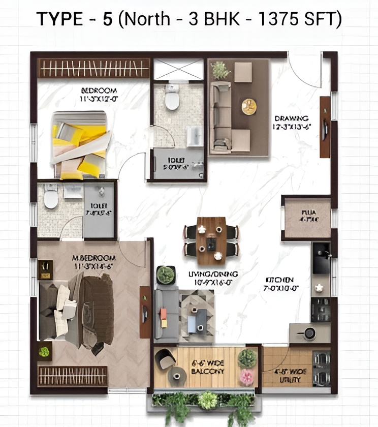 Type 5 North 3 BHK 1375 SFT