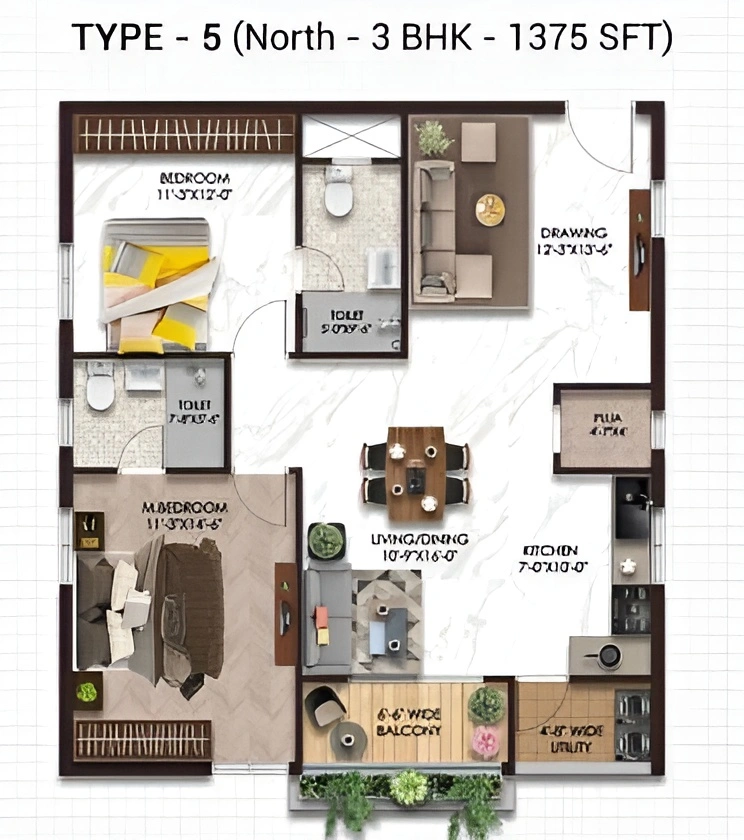 Type 5 North 3 BHK 1375 SFT