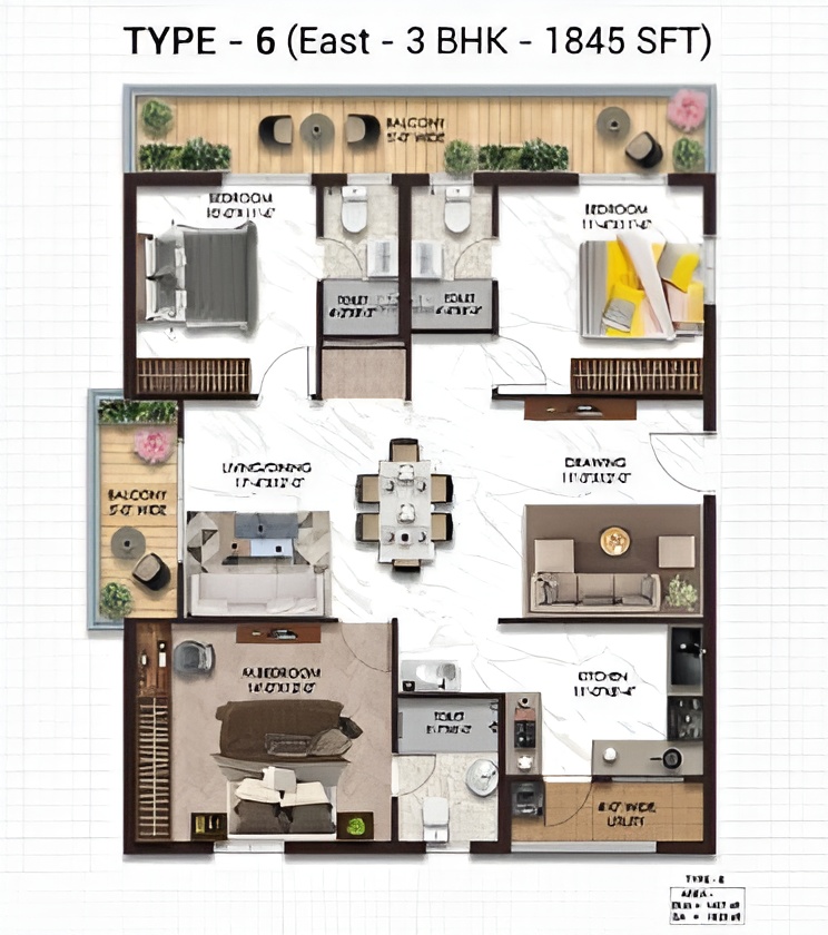 Type 6 East 3 BHK 1845 SFT