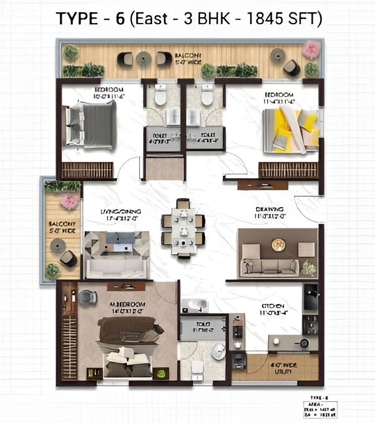 Type 6 East 3 BHK 1845 SFT