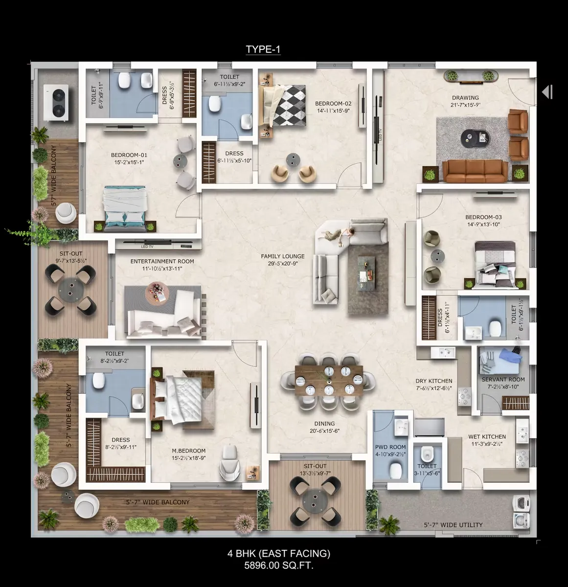 Type 1 East 3 BHK 1700 SFT