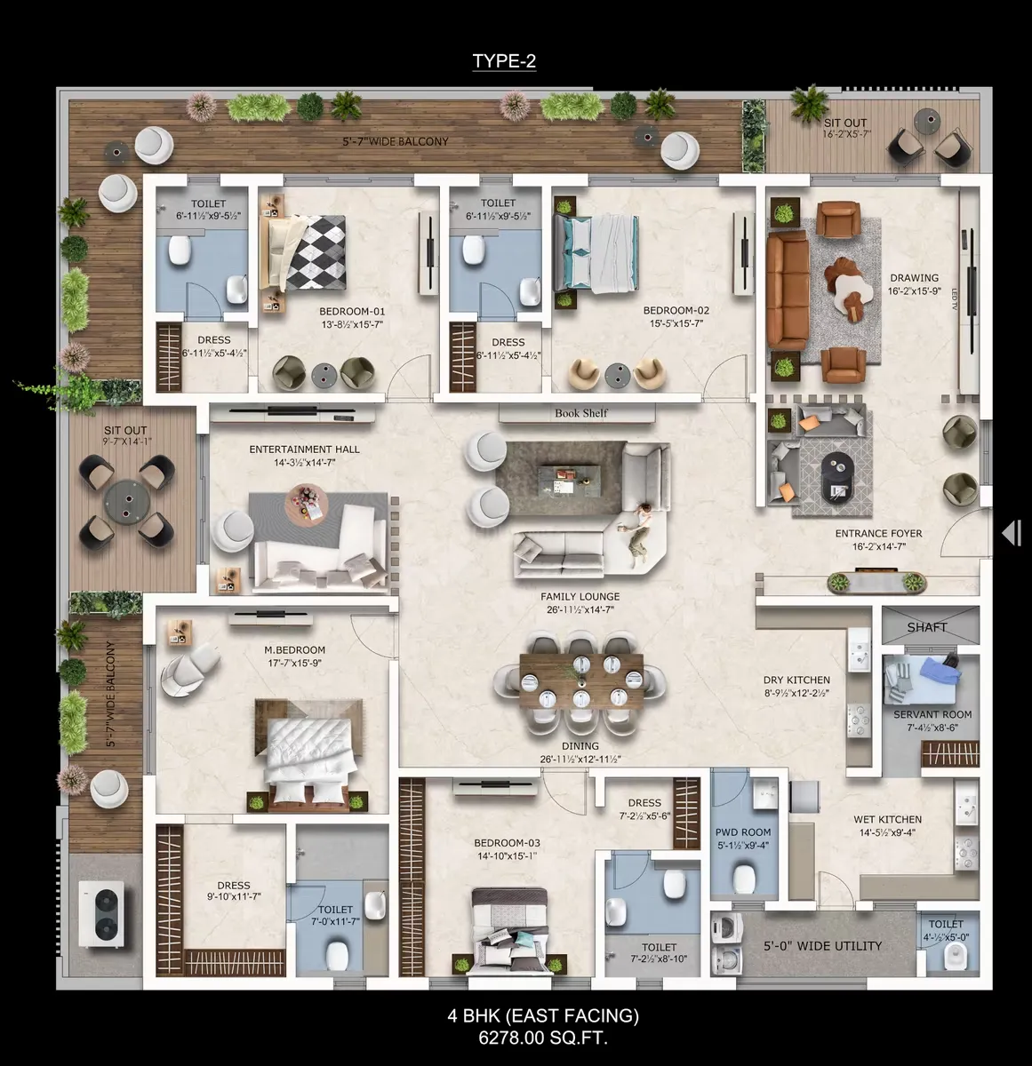 Type 2 West 3 BHK 1375 SFT