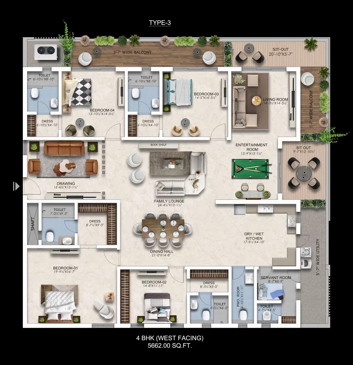 Type 3 West 3 BHK 2205 SFT