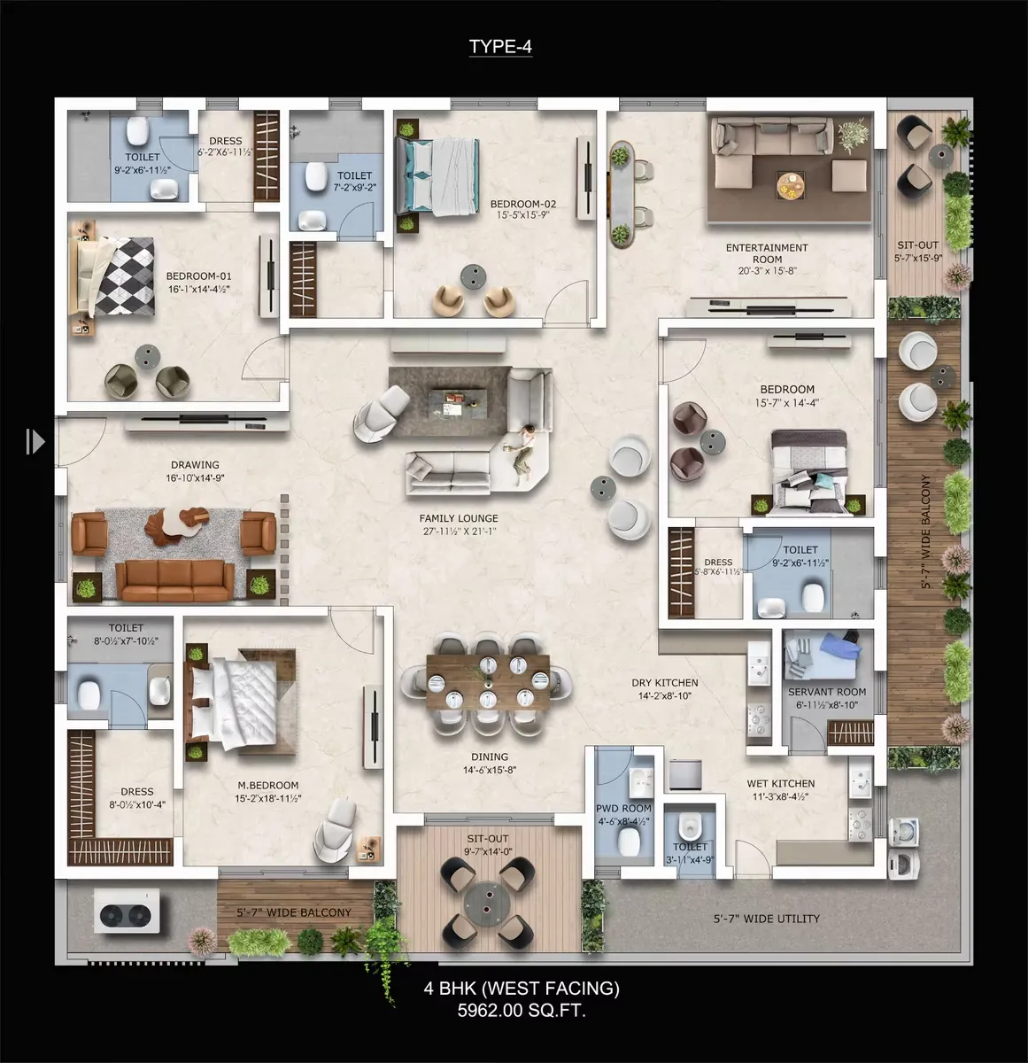 Type 4 West 3 BHK 1845 SFT