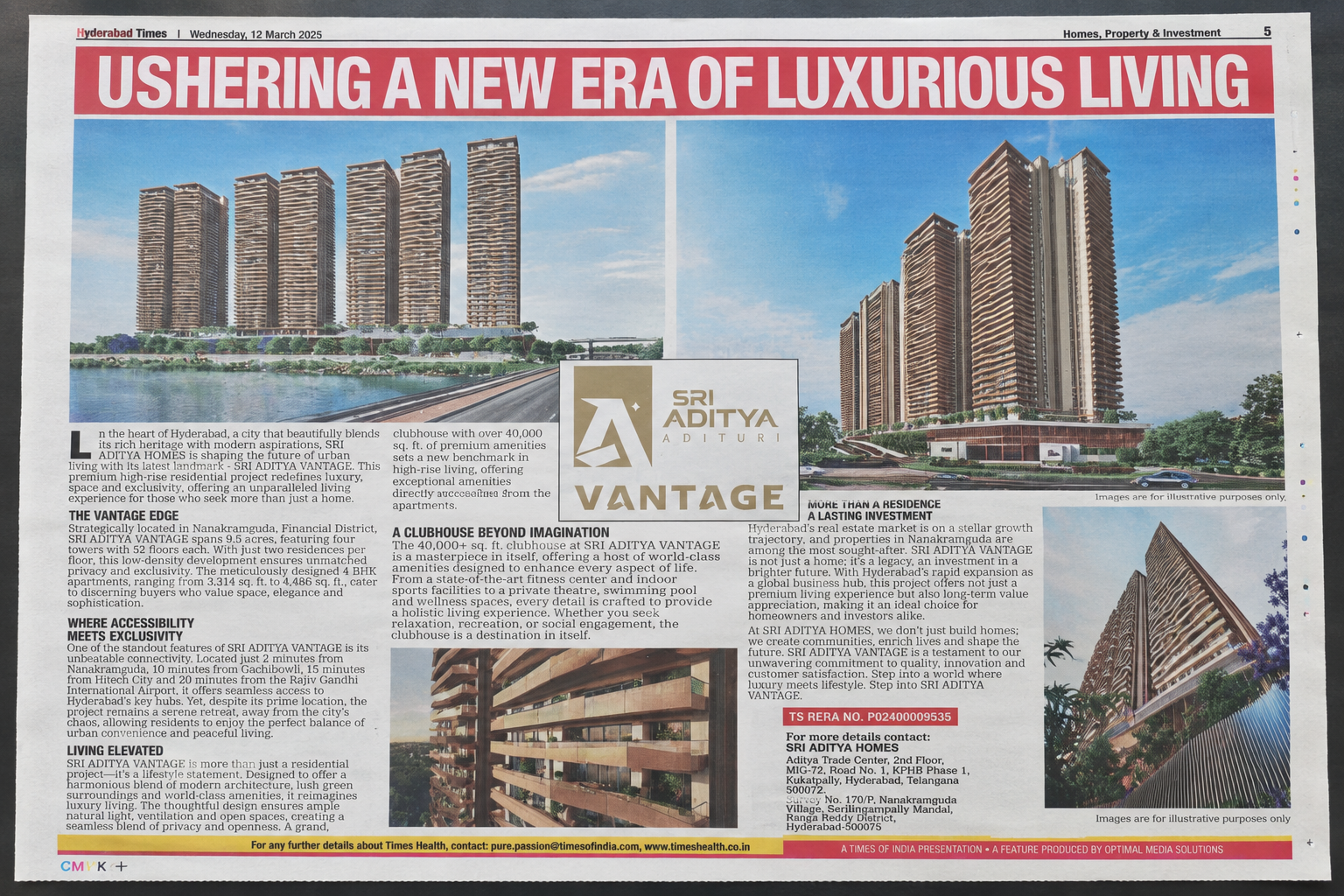 Newspaper coverage featuring Sri Aditya Vantage and Elegant Nivasa